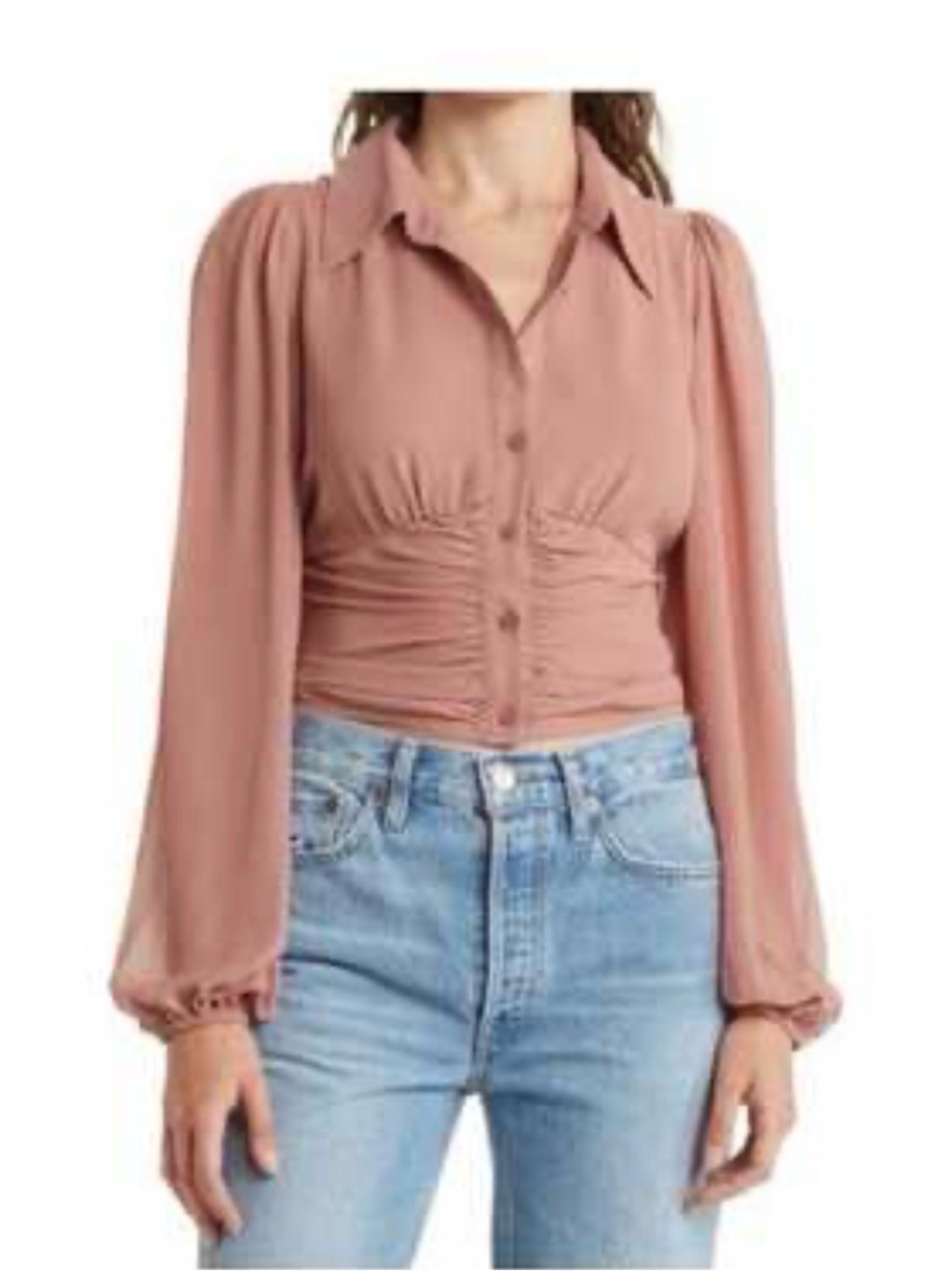 Astr Ruched Button-Front Blouse — Dusty Rose